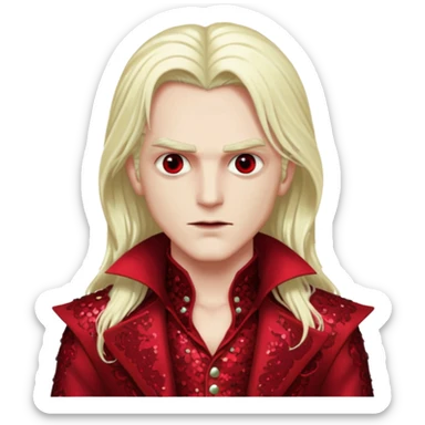 Alucard, Son of Dracula with long platinum blonde hair, dark red sequin outfit  sticker