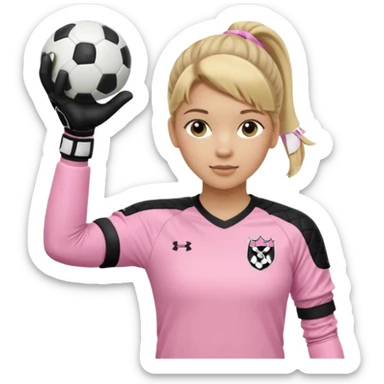Make a dirty blonde football goalkeeper with goalkeeper gloves on. The girl is light skinned and wearing a light pink football kit. Wearing one ponytail on back of head. Make it without the whole body. With full sleeves. No RUGBY BALL JUST BLACK AND WHITE BALL. Holding ball under armpit sticker