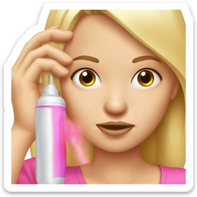blonde woman with a hot fever taking temperature in ear , pink realistic sticker