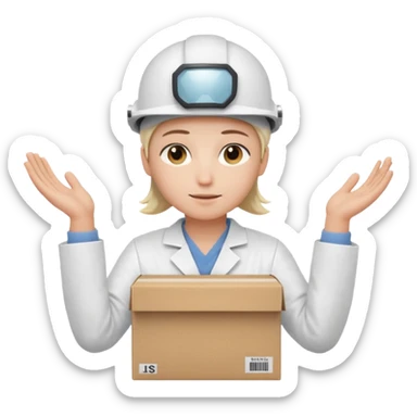Tengo que dar una capacitacion de orgonomia, necesito un emoji de un operario con casco blanco y delantal blanco de manga larga que levante una caja cerrada con las dos manos a la altura de los hombros. Que tenga un delantal de laboratorio no de coina  sticker