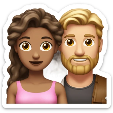 A handsome pale Greek god man who has long brown hair and tanned skin with a pretty black skinny tall model woman who has long voluminous brown & blonde highlights hair  and she is wearing a pink dress and they are a couple sticker
