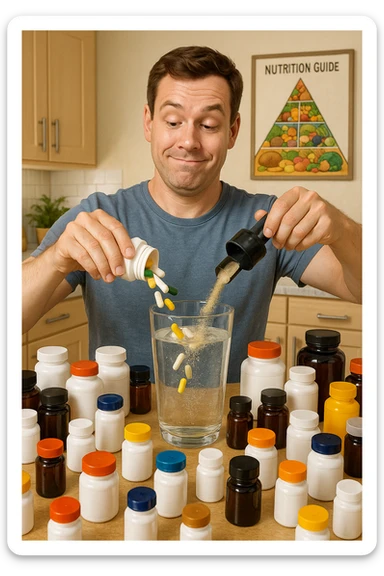 a man stands in his kitchen, enthusiastically pouring multiple supplement pills and powders into a large glass of water. The kitchen counter is cluttered with dozens of supplement bottles, and his expression is confident but slightly oblivious. In the background, a nutrition guide or food pyramid is ignored, highlighting his focus on supplements over balanced nutrition. sticker