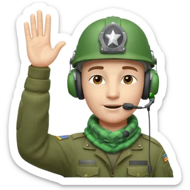 Soldier emoji head in green military helmet, large ear protectors, headset microphone, light green checkered scarf around neck, gray face, confident greeting pose with right hand raised in salute, vibrant colors, high detail on helmet textures and fabric, bust view, ultra-detailed PNG alpha channel sticker