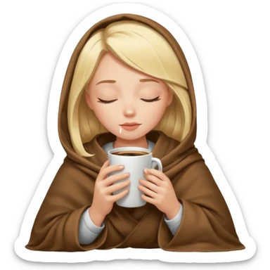 Blonde girl inside a blanket sipping coffee eyes closed sticker
