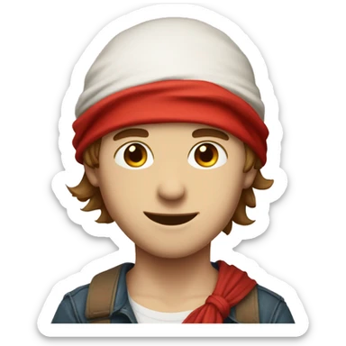 white skin, boy with a red bandana tied to his head, brown hair, smiling sticker