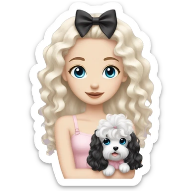 pale blonde girl with long platinum white wavy hair with blue eyes and wearing a light pink hair bow holding a black and white curly haired puppy also wearing a hair bow sticker