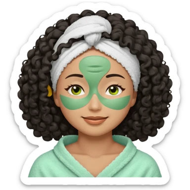 A female emoji with black, 3a curly hair partially tucked into a white towel wrap, eyes closed, smiling peacefully. She has a green facial mask applied to her forehead, under eyes, nose, and cheeks. Shoulders are bare and she has a relaxed, spa-like appearance. sticker