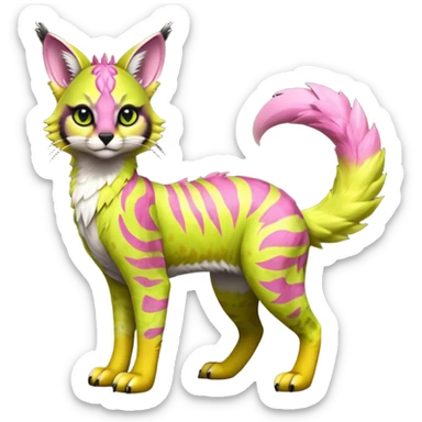 Cute kawaii cool edgy badass  vivid tropical mango-lime-pink splash-patterned silky fur fantasy-caracal-civet-genet-sergal-vernid-Gryphon-Cacomistle-Trico-oncilla-animal-Fakémon-hybrid-fursona (full body), facial markings, (realism style) sticker