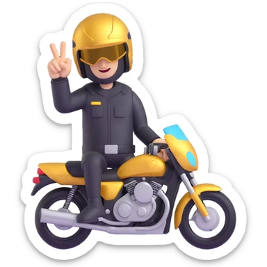 A motorcyclist in a black helmet with a golden visor flipping the bird sticker