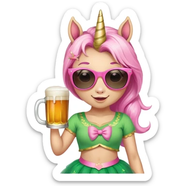 friendly anthropomorphised female unicorn with horse-like face, in tutu and pink t-shirt, wearing dark sunglasses, celebrating St. Patrick's Day sticker
