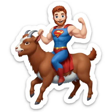 Full body Adult Superman Blue Eyes Scruffy Redish hair and redish trimmed Beard Muscle happy riding a laughing blue small goat  sticker
