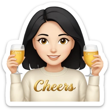 A woman with shoulder-length black hair, light to medium skin tone, full cheeks, and almond-shaped eyes, wearing a white sweater with the word 'cheers' in gold script, lying comfortably on a bed with soft lighting, joyful and radiant expression. sticker