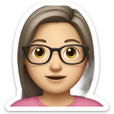 a dark-brown long hair white woman with glasses and a little smile, little chubby, with rose cheeks, sticker