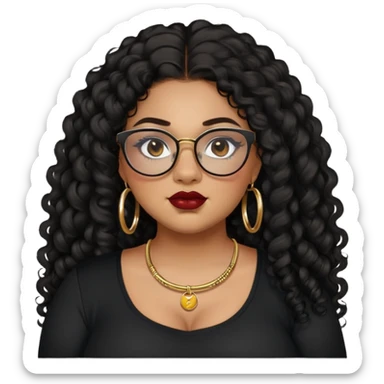 teen big plus size, latina, darker tan skin, gold hoops, long black curly hair, baddie,pretty, makeup, dark red lipgloss, black eyeliner, long hair, black shirt, black glasses sticker