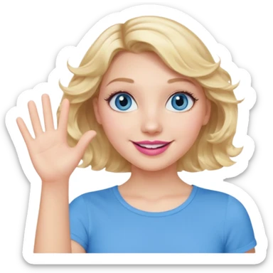 Girl Blonde short wavy hair,  blue eyes, cute blue top, long lashes, pink lips, smiling, waving hello  sticker
