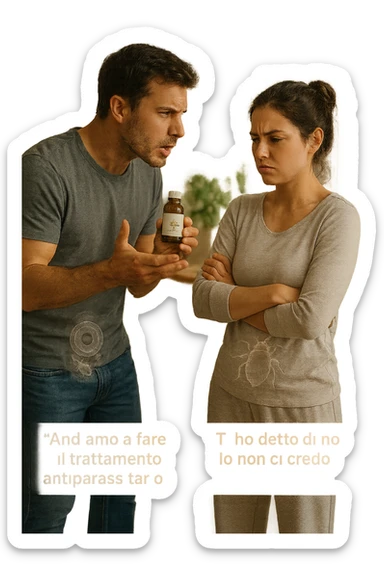 A highly realistic, cinematic photo of a young couple in their early 30s having an argument in a bright modern kitchen. The man, athletic build, wearing a casual T-shirt and jeans, is speaking firmly with a raised hand holding a small amber glass bottle labeled with a subtle herbal symbol, saying 'Andiamo a fare il trattamento antiparassitario' with a determined expression. The woman, with long dark hair tied in a messy bun, casual home outfit, crosses her arms with an angry, defensive expression, replying 'Ti ho detto di no! Io non ci credo!' while slightly turning away. Tension is visible in their body language, with the man leaning forward trying to explain and the woman leaning back, her eyebrows furrowed. Around them, subtle ghostly overlays of microscopic parasites are faintly visible near their abdominal areas, symbolizing the hidden reason for the argument. The kitchen is bright and modern with plants and natural light, contrasting the emotional tension. The style is hyperrealistic with warm tones and shallow depth of field focusing on their facial expressions, illustrating the conflict between belief in natural treatments and skepticism within the couple regarding hidden parasitic infections. in italiano sticker