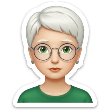 visage femme a lunettes ronde avec cheveux courts blancs aux yeux verts sticker