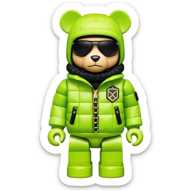 ultra-detailed bearbrick figure with perfect cube head and geometric body, wearing premium lime green balaclava with sleek integrated black visor lens at eyes, luxury oversized designer puffer jacket with prominent logo and lavish fur trim collar, heavy gold chains, streetwear icon sticker