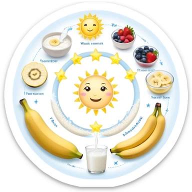 Magical fitness system: water bottle, sun, rice bowl, banana, dumbbell, yogurt, fruit, and moon arranged in a circular flow chart with ethereal glowing connections and sparkles, each item separate but part of one system sticker