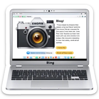 Create an emoji representing blogging. The design should feature an open laptop with a visible blog post on the screen, showing text. Add a photo or video camera to emphasize multimedia content. Do not include any emojis or smiley faces. Make the background transparent. sticker