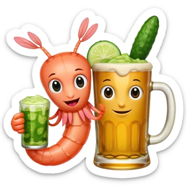 Create a modern emoji-style illustration of two shrimp characters, friendly and cool, slightly cartoon but stylish, not childish.
They are toasting (‘salud’), one shrimp holding a beer mug with aguachile topping, the other holding a fresh aguachile bowl with cucumber and chili.
  sticker