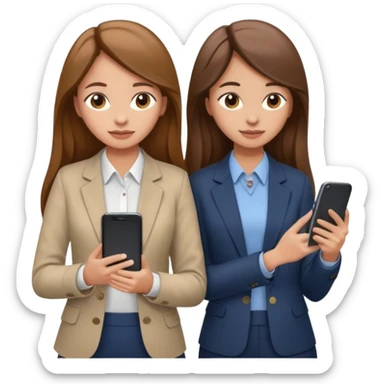 two brown haired girls, looking professional maybe leaned on each others back and looking forward and using phones, with long hair and one girl can hold lap top another one can hold the phone, professional clothes, more stylish sticker