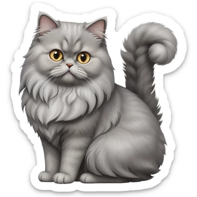 cinematic-[grey persian cat]-realistic-full-body-sitting-emoji,-tail-curled-playfully-around-its-paws,-head-tilted-dramatically,-fluffy-[grey]-fur,-simplified-yet-realistic-focused-features,-highly-detailed,-glowing-with-an-almost-sarcastic-glow sticker