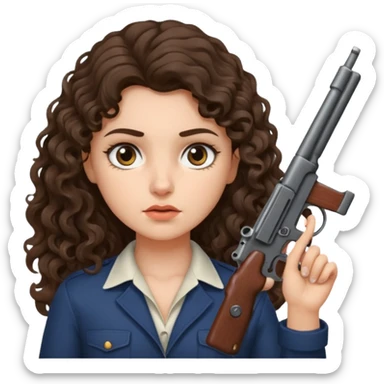 A brunette with long wavy, curly hair girl who is about to kill herself with a littlr gun pointed at her temple sticker