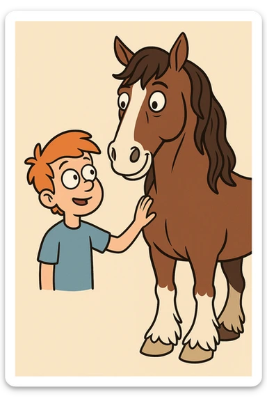 A boy orange hair blue shirt Clydesdale horse sticker