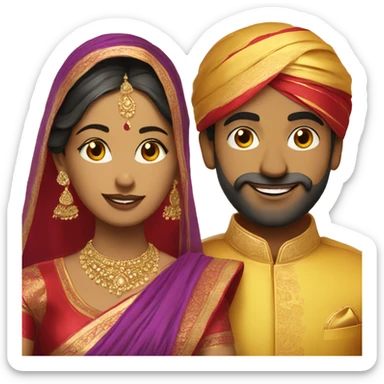 Indian bride and groom. Yellow saree with red blouse and purple sherwani. No turban.  sticker