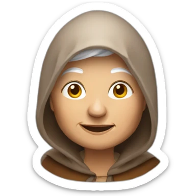 Old woman with a candle lantern wearing brown clothes with a canopie sticker