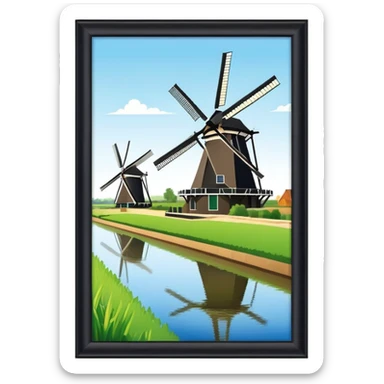 cinematic-realistic-kinderdijk-windmills-landmark-emoji,-showcasing-traditional-dutch-windmills-aligned-along-a-tranquil-canal,-with-lush-green-fields in a picture frame sticker