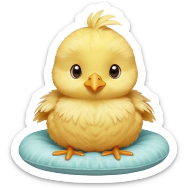 Cinematic round fluffy chick, golden yellow, tiny beak and feet, soft downy feathers, sparkling gentle eyes, sitting on a pastel-colored cushion, radiating warmth and sweetness. sticker