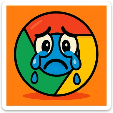 Chrome browser logo with a sad face and tears, playful cartoon style sticker