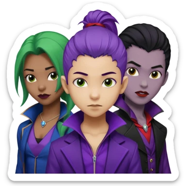 Solo poly platonic relationship, one African girl, one Asian boy, one biracial features Asian tomboy girl rat-tail hair long and upper masculine hair 90s, vampire and marvel cosplay elements inspired  use marvel colours, like instead of obvious human, green purple blue etc,  sticker