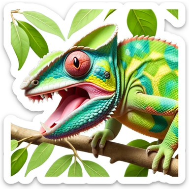 cinematic giant-tongue out chameleon-realistic emoji, mouth wide open with tongue out catching prey, -blending-with-vibrant-greenery.-detailed-scales-in-shifting-colors,-showing-the-chameleon’s-ability-to-camouflage.-soft-natural-light-highlights-its-texture.-light-background, zoomed into its face sticker