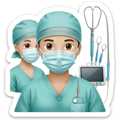 Surgeon in operating room with surgical mask and tools sticker