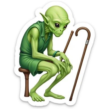 Green Alien looks like an old man hunched over using a cane sticker