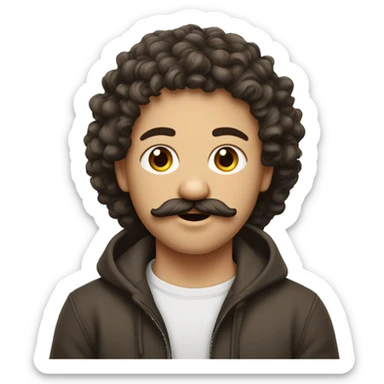 Un jeune à la peau métisse, cheveux couleur châtains mis long bouclés, moustache et bouc, qui porte un sweet à capuche blanc..  sticker