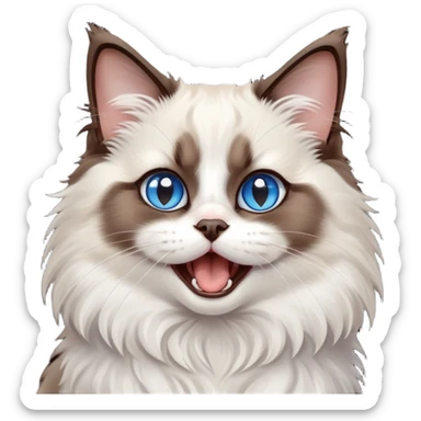 cinematic-adorable-big-eyed-fluffy-dark brown and white ragdoll-cat-portrait-emoji,-head-tilted-playfully-with-a-cute,-yawn,-soft-brown-and white-colored-fur-with-darker-points-on-the-ears,-simplified-yet-irresistibly-cute-features, sparkling blue eyes sticker