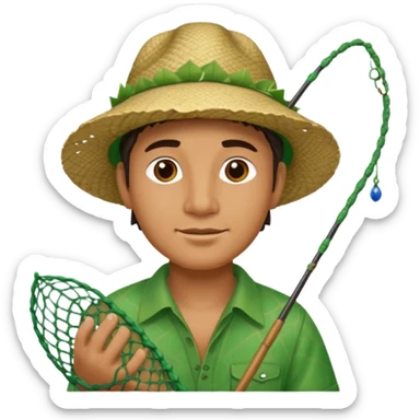 Hawaiian man with leaf hat green and fishing net sticker