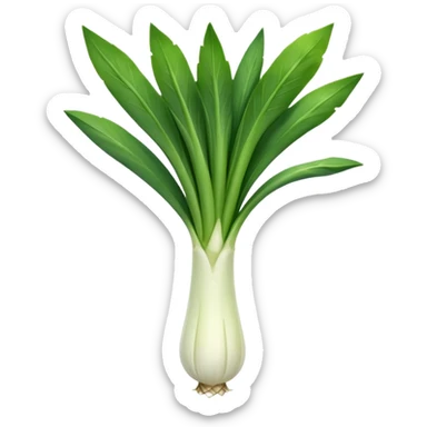 whole leek, long white stalk fading to green leaves, open and layered, slightly curved, fine roots at base, clean and crisp, 3D clean style, transparent background sticker