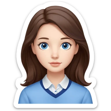 Realistic Student Portrait, with porcelain-like skin featuring a natural rosy flush, iHer Brunette Half-Up Style for Straight  hair flows in soft, Her deep blue eyes radiate warmth and innocence,  wear light blue preppy style. sticker