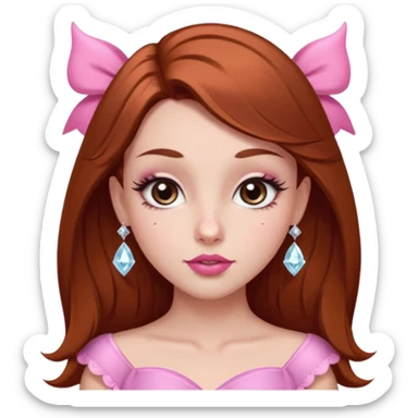 girl with fair skin, long straight reddish brown hair, big brown almond eyes, long eyelashes, thick dark eyebrows, straight nose, full pink lips with cupids bow, diamond face shape, clean girl aesthetic sticker