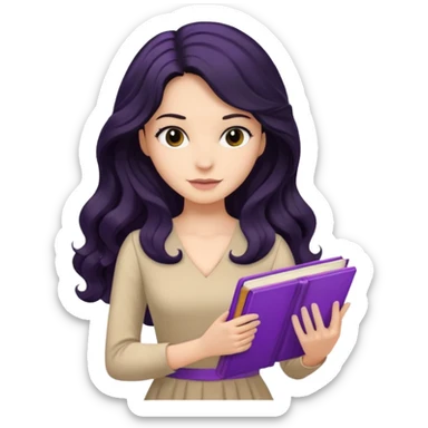 Long Hair Women with purple Book, Black wavy hair, beige dress sticker