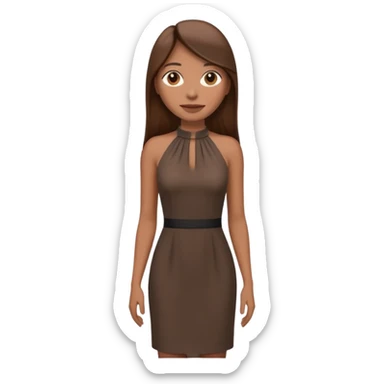 emoji-style illustration of a stylish woman with long straight brown hair, wearing a dark halter neck dress, elegant and minimalistic look, front-facing, soft 3D cartoon rendering, plain background sticker