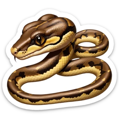 A photo-realistic digital illustration of a Ball Python, large headshot portrait. The snake has a short, rounded snout, smooth contours, and a calm, curious expression. Its head is warm brown with bold, irregular dark markings, including the signature “alien-head” pattern.  sticker