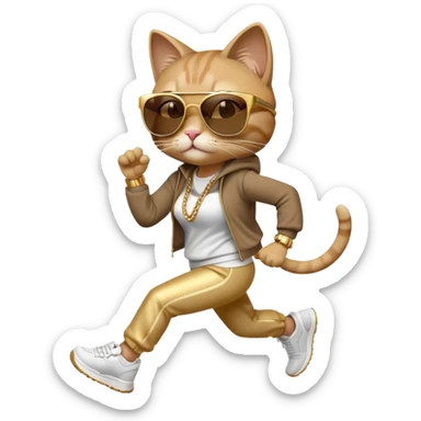 friendly anthropomorphised female cat in hip-hop Run DMC clothing, dark sunglasses, gold chains, jogging upright sticker