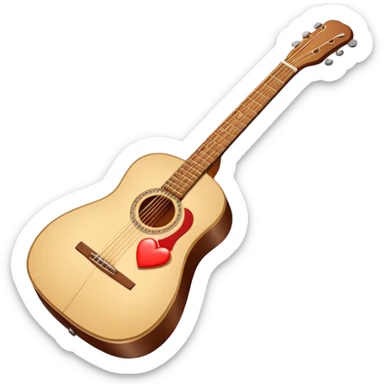 “Flat vector icon of a Cuban tres guitar in three-quarter view, warm brown, thick outline, centered on a warm cream or beige rounded-square (or circle); near the soundboard add a small red or pink heart with a soft glow and 2–3 tiny sparkles to suggest ‘soul’.  sticker
