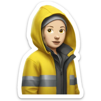 Greta Thunberg with a yellow raincoat ,grey beenie with a sign sticker